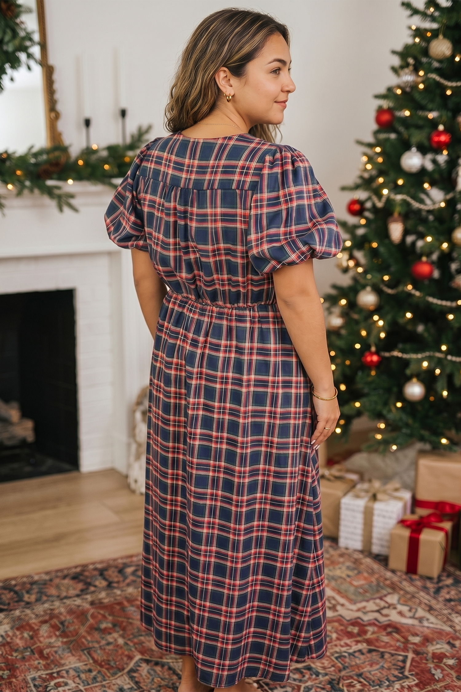Plus Size Plaid Maxi Dress, V Neck Button Front Daily Wear - Detail View 2 Plus Size Plaid Maxi Dress, V Neck Button Front Daily Wear - Detail View 2