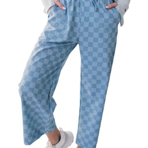 Women's Sky Blue Checkered Pants, Casual Elastic Wide Leg - Main View