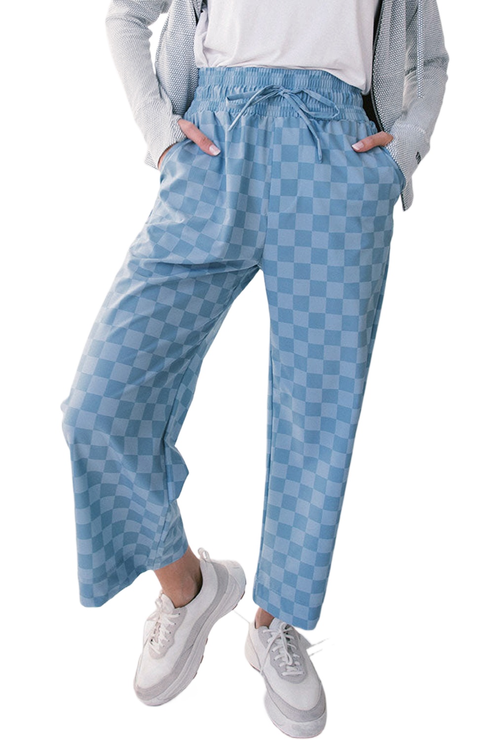 Women's Sky Blue Checkered Pants, Casual Elastic Wide Leg - Main View Women's Sky Blue Checkered Pants, Casual Elastic Wide Leg - Main View