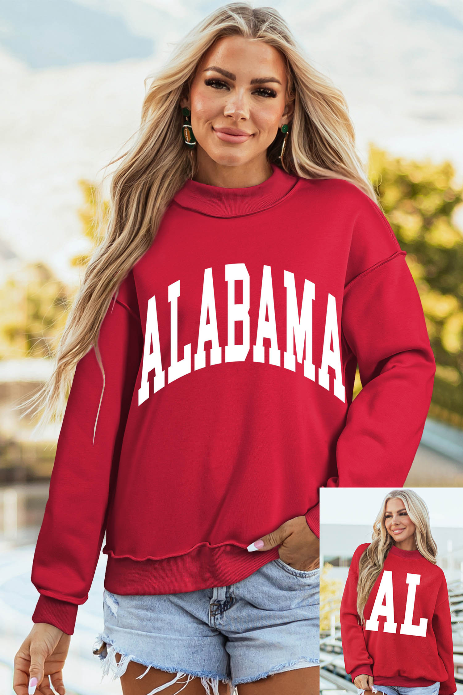 Women's Alabama Letter Print Baggy Mock Neck Sweatshirt - Detail View 3 Women's Alabama Letter Print Baggy Mock Neck Sweatshirt - Detail View 3