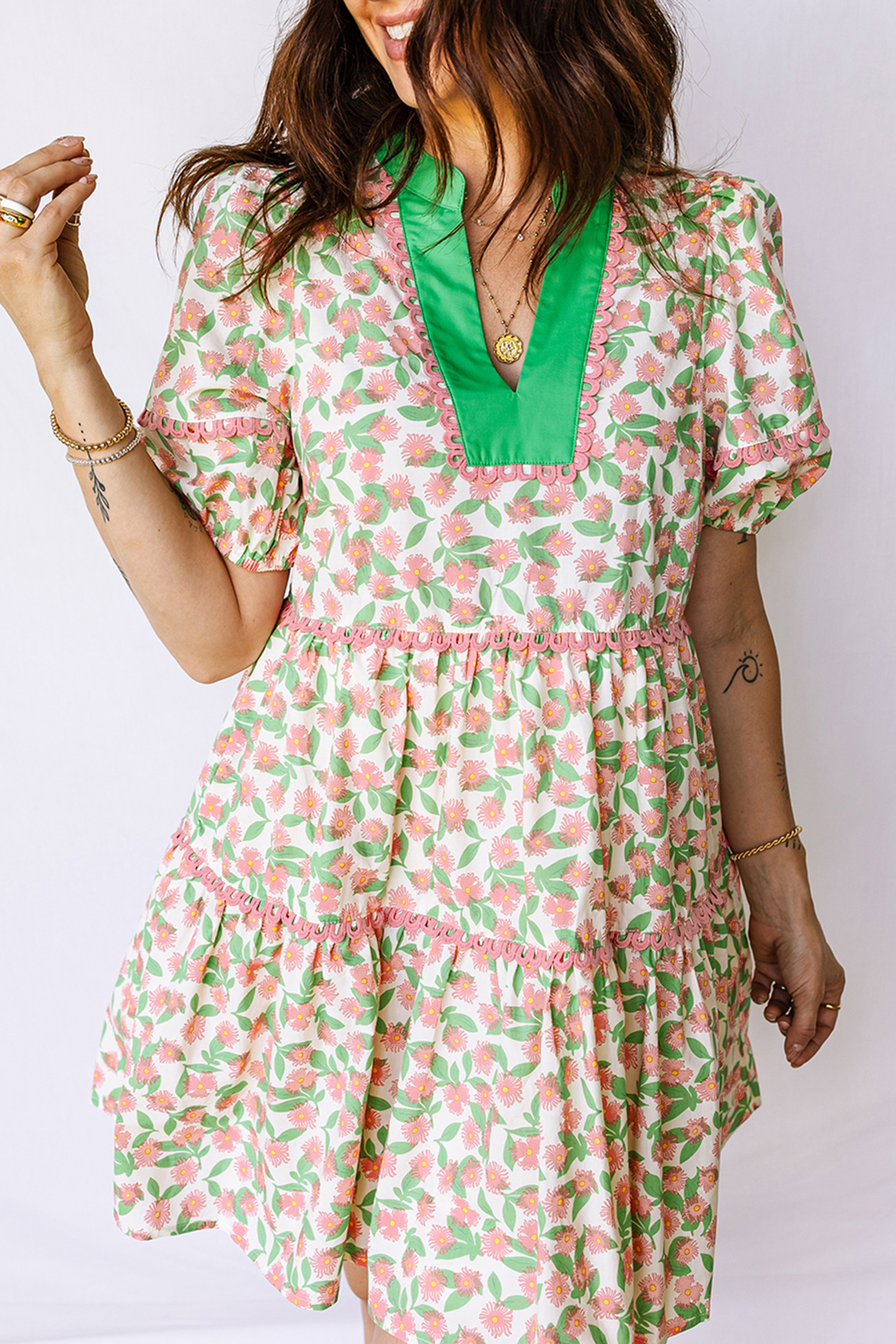 Chic Green Floral Shift Dress with Ricrac Trim – Perfect for Graduations and Daily Wear - Detail View 5 Chic Green Floral Shift Dress with Ricrac Trim – Perfect for Graduations and Daily Wear - Detail View 5
