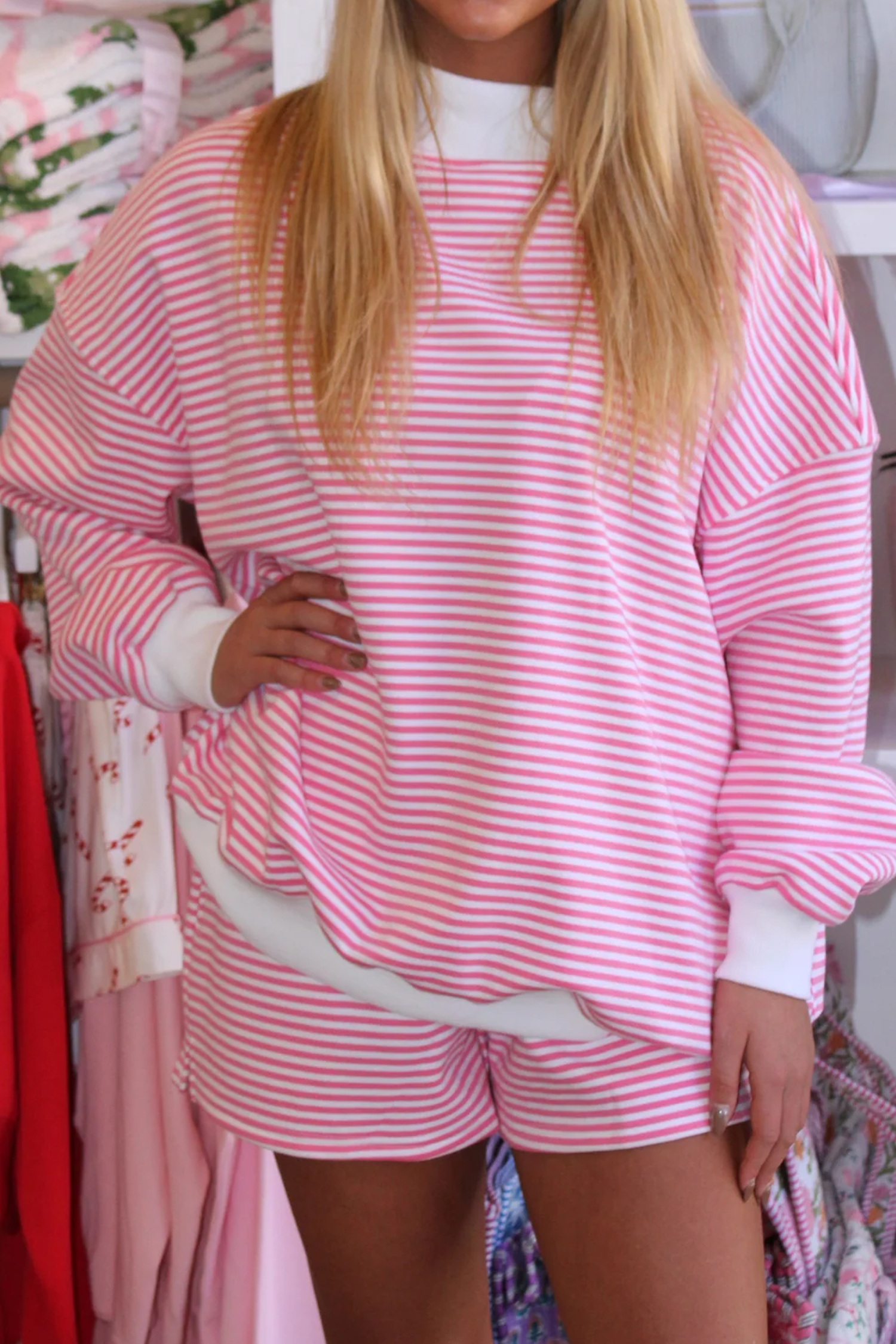 Trendy Pink Stripe Sweatshirt and Shorts Set – Perfect Fall Outfit for Women - Detail View 6 Trendy Pink Stripe Sweatshirt and Shorts Set – Perfect Fall Outfit for Women - Detail View 6