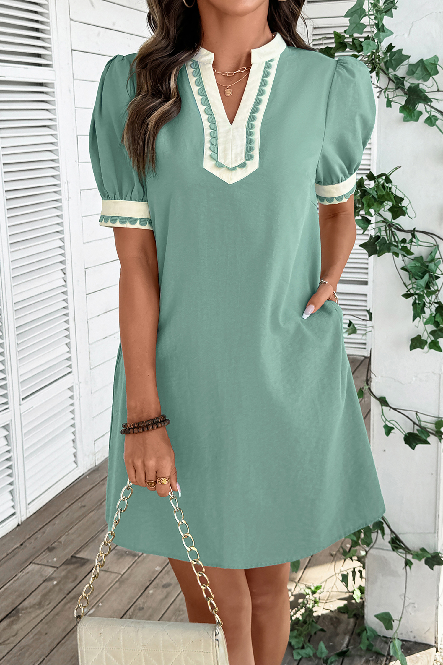 Chic Color Block Mini Dress for Women – Short Sleeve H-Line Shift Dress with Pockets, Summer Fashion Gift - Detail View 3 Chic Color Block Mini Dress for Women – Short Sleeve H-Line Shift Dress with Pockets, Summer Fashion Gift - Detail View 3