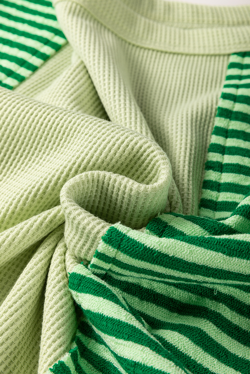 Women's Mint Green Striped Patchwork Textured Colorblock 3/4 Sleeve Knit Top - Detail View 9 Women's Mint Green Striped Patchwork Textured Colorblock 3/4 Sleeve Knit Top - Detail View 9