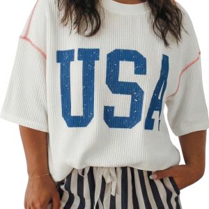 Women's USA Letter Print T-Shirt – Vintage Ribbed Short Sleeve Top for Independence Day - Main View