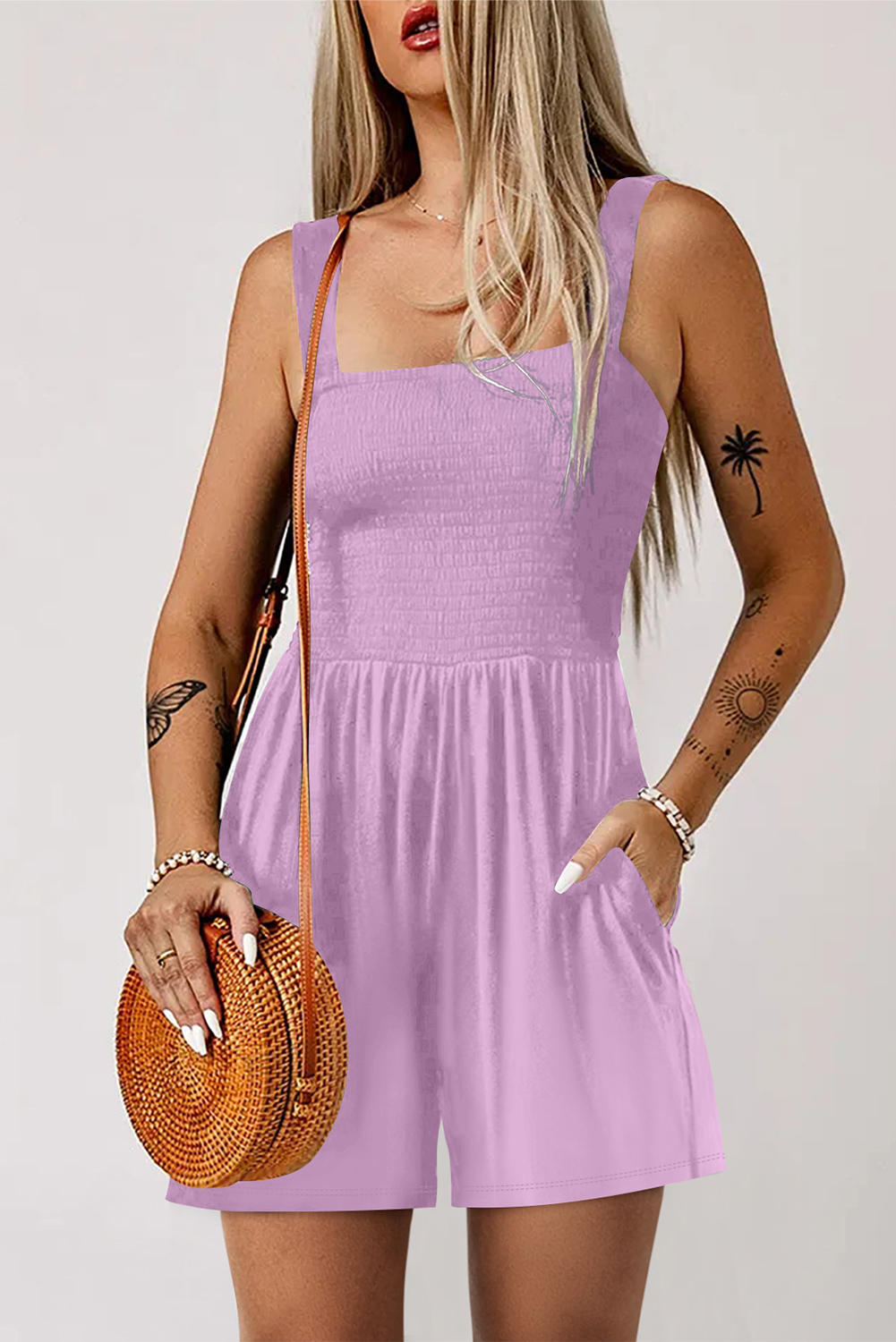 Pocketed Smocked Romper for Women – Casual Sleeveless Style - Detail View 3 Pocketed Smocked Romper for Women – Casual Sleeveless Style - Detail View 3
