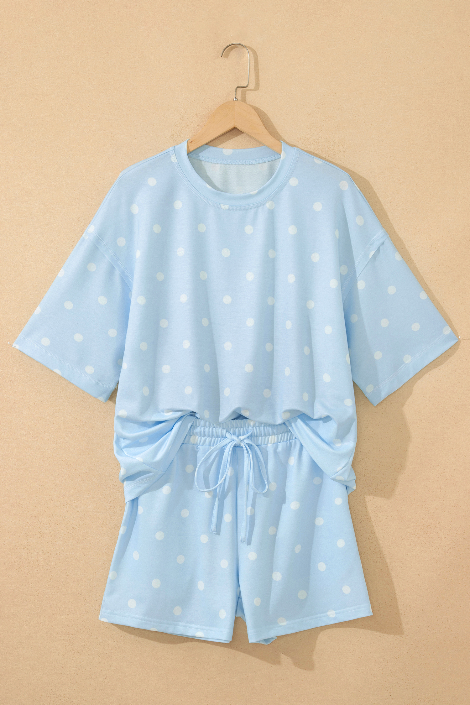 Women's Sky Blue Polka Dot Set – Loose Fit Round Neck Tee and Drawstring Shorts, Stylish Gift for Her - Detail View 3 Women's Sky Blue Polka Dot Set – Loose Fit Round Neck Tee and Drawstring Shorts, Stylish Gift for Her - Detail View 3