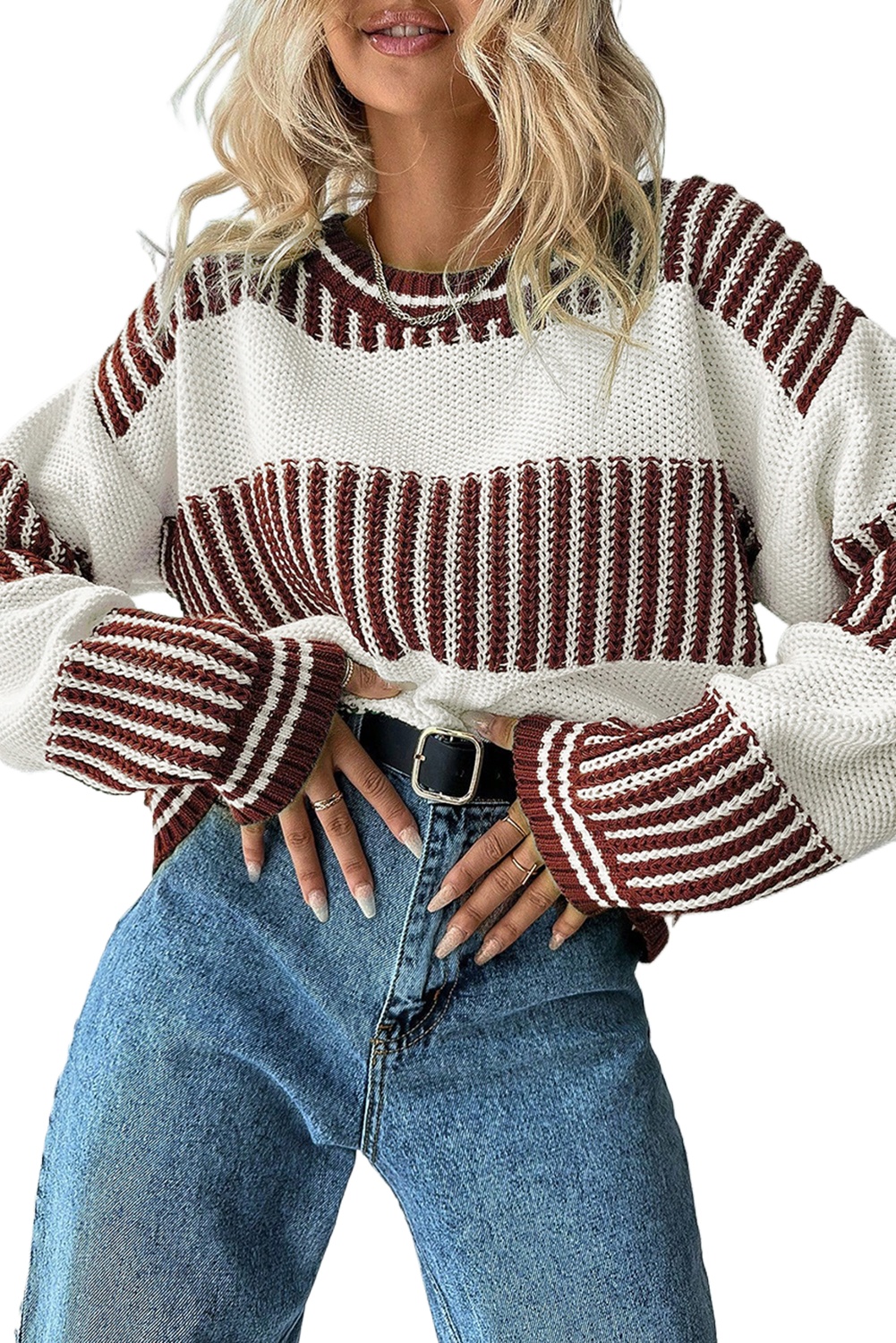 Chic Brown Colorblock Striped Sweater for Women – Perfect for Daily Relaxed Style - Detail View 2 Chic Brown Colorblock Striped Sweater for Women – Perfect for Daily Relaxed Style - Detail View 2