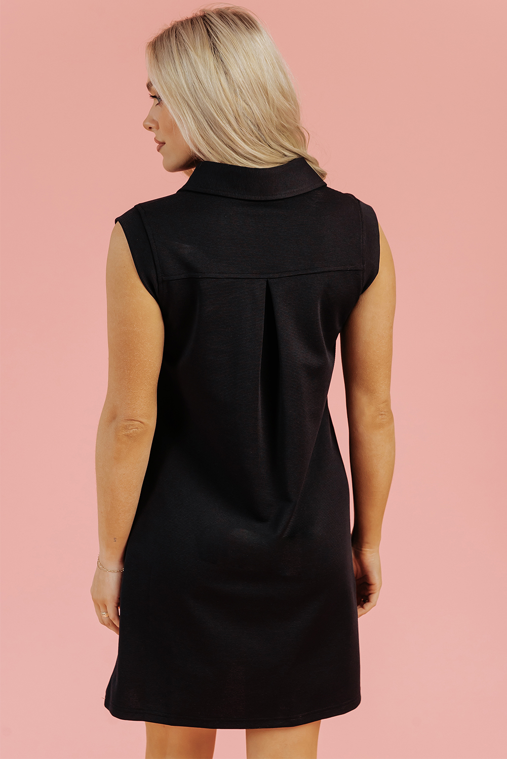Women's Black Solid Color Collared V Neck Sleeveless Mini Dress - Detail View 9 Women's Black Solid Color Collared V Neck Sleeveless Mini Dress - Detail View 9