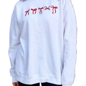 Women's White Bow Embroidery Drop Shoulder Sweatshirt - Casual Graphic Pullover - Main View