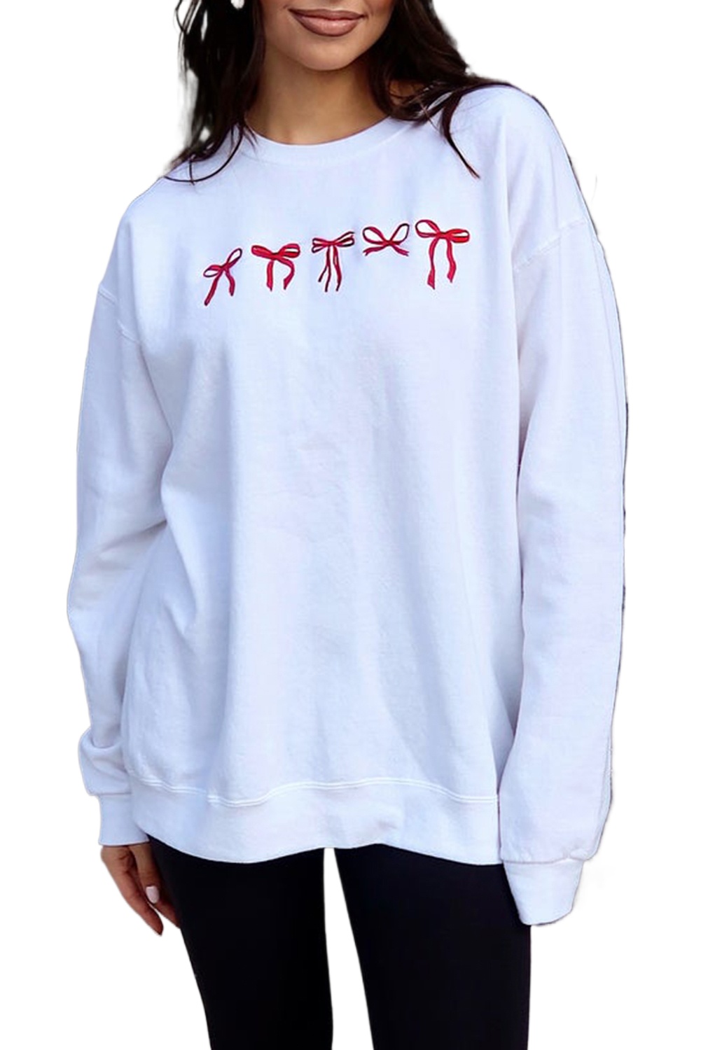 Women's White Bow Embroidery Drop Shoulder Sweatshirt - Casual Graphic Pullover - Main View Women's White Bow Embroidery Drop Shoulder Sweatshirt - Casual Graphic Pullover - Main View