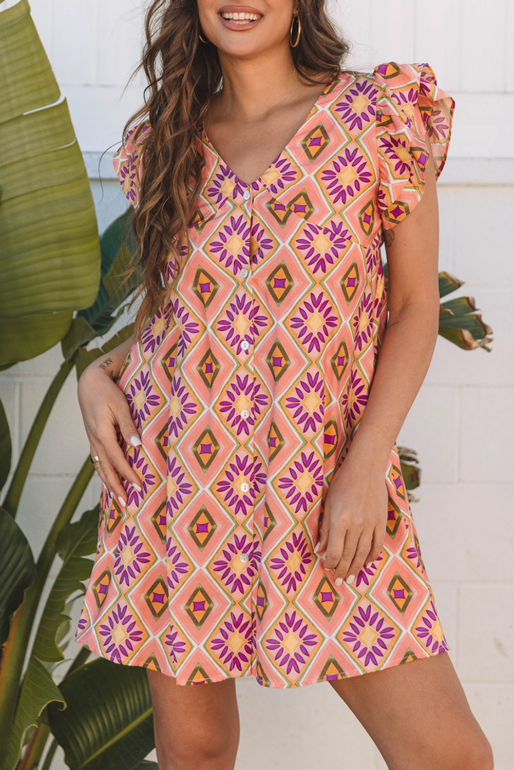 Women's Dress, Orange Mini Dress, Geometric Floral, V Neck, Ruffled Sleeves, Buttoned Detail, Casual Wear, Bohemian Style, Daily Dress, Summer Fashion, Flattering Fit, Playful Design, H-Line Silhouette, Short Sleeve, Stylish Outfit, Elegant Look - Detail View 8 Women's Dress, Orange Mini Dress, Geometric Floral, V Neck, Ruffled Sleeves, Buttoned Detail, Casual Wear, Bohemian Style, Daily Dress, Summer Fashion, Flattering Fit, Playful Design, H-Line Silhouette, Short Sleeve, Stylish Outfit, Elegant Look - Detail View 8