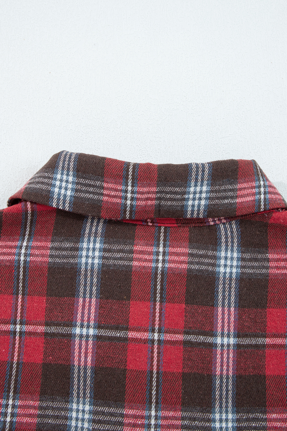 Everyday Wear: Women's V Neck Blouse with Side Slits in Red Plaid Pattern - Detail View 7 Everyday Wear: Women's V Neck Blouse with Side Slits in Red Plaid Pattern - Detail View 7