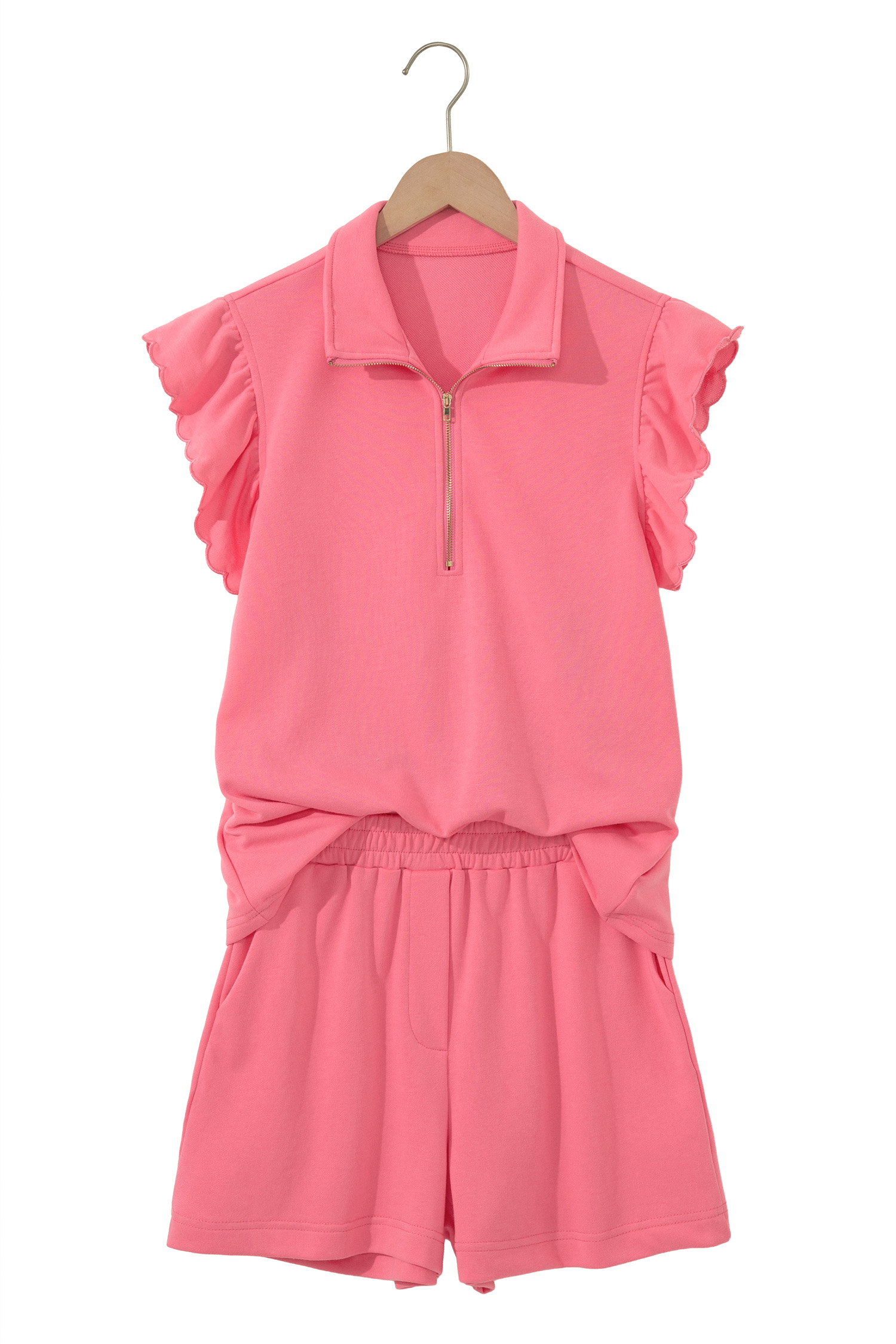 Women's Casual Half Zip Short Set – Ruffle Sleeve Summer Two Piece Outfit with Pockets - Detail View 7 Women's Casual Half Zip Short Set – Ruffle Sleeve Summer Two Piece Outfit with Pockets - Detail View 7