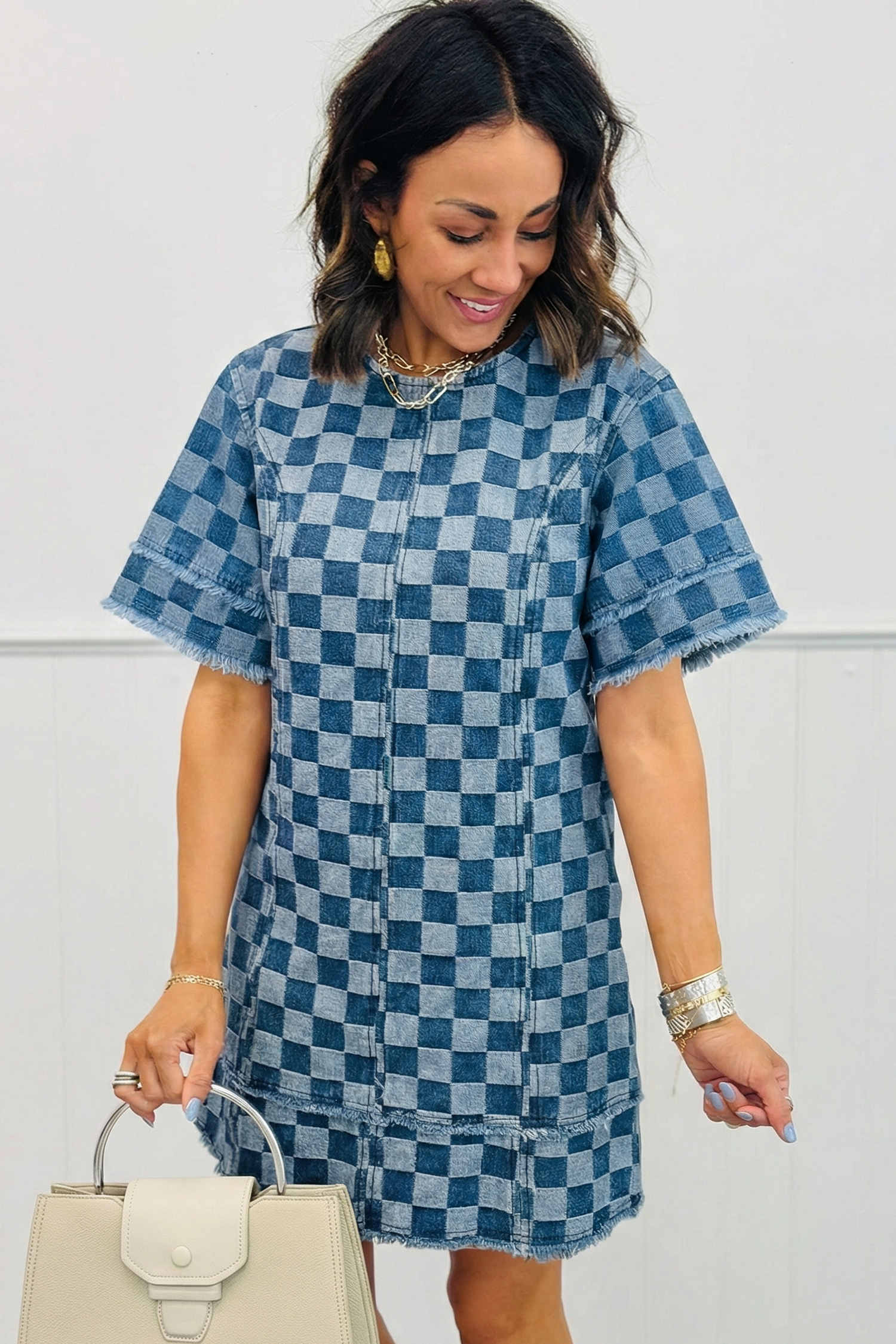 Stylish Sky Blue Plaid Denim Mini Dress – Casual Look for Women in Warm Weather - Detail View 3 Stylish Sky Blue Plaid Denim Mini Dress – Casual Look for Women in Warm Weather - Detail View 3