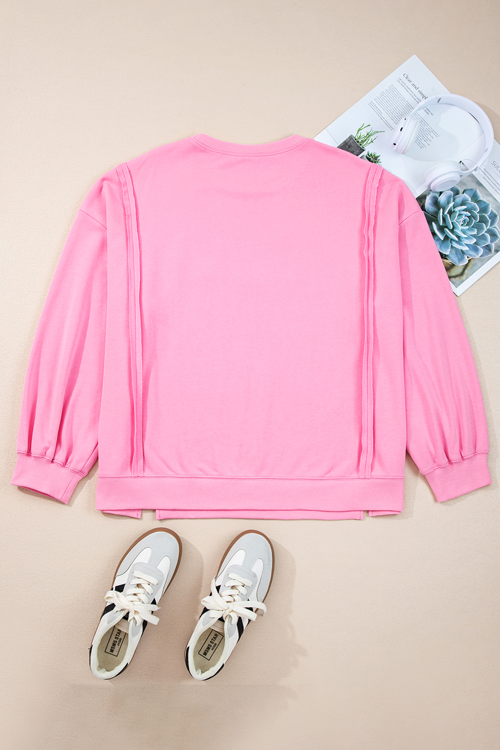 Casual Long Sleeve Pink Sweatshirt with Bow Detail and Lace Embroidery - Detail View 6 Casual Long Sleeve Pink Sweatshirt with Bow Detail and Lace Embroidery - Detail View 6