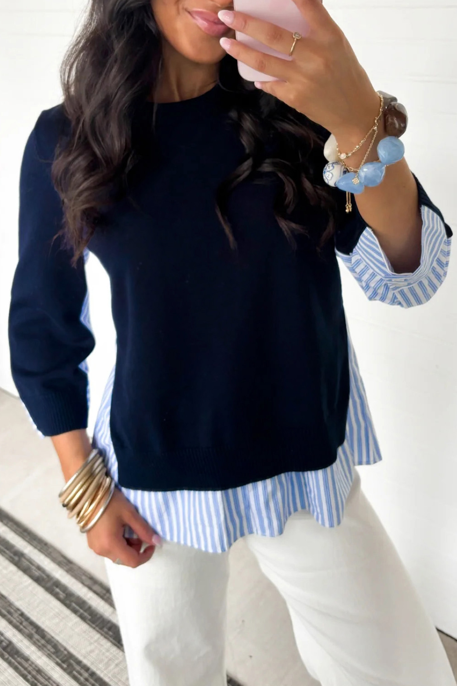 Women's Contrast Patchwork Sweater, Round Neck Autumn Pullover - Detail View 3 Women's Contrast Patchwork Sweater, Round Neck Autumn Pullover - Detail View 3
