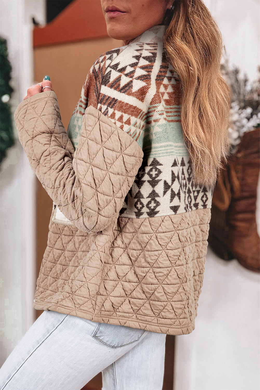 Stylish Long Sleeve Western Jacket with Geometric Patchwork Design - Detail View 2 Stylish Long Sleeve Western Jacket with Geometric Patchwork Design - Detail View 2