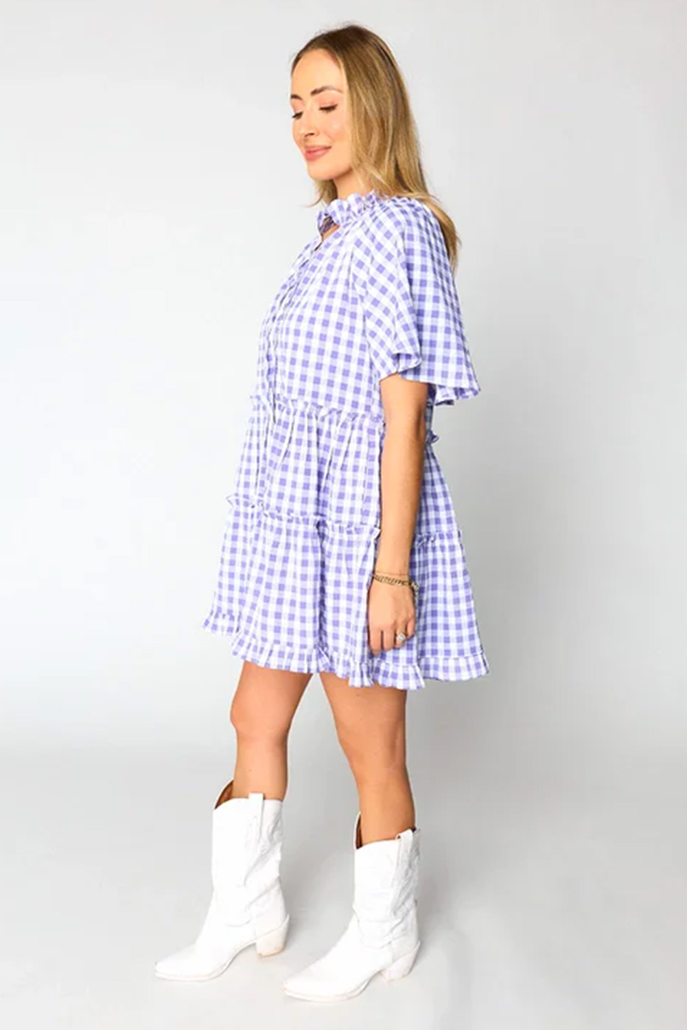 Women's Dress, Lavendula, Plaid, Ruffle, Babydoll, Mini Dress, Summer Wear, Casual, Short Sleeve, A-Line Silhouette, Feminine Charm, Relaxed Fit, Daily Occasion, Stylish, Comfortable - Detail View 4 Women's Dress, Lavendula, Plaid, Ruffle, Babydoll, Mini Dress, Summer Wear, Casual, Short Sleeve, A-Line Silhouette, Feminine Charm, Relaxed Fit, Daily Occasion, Stylish, Comfortable - Detail View 4