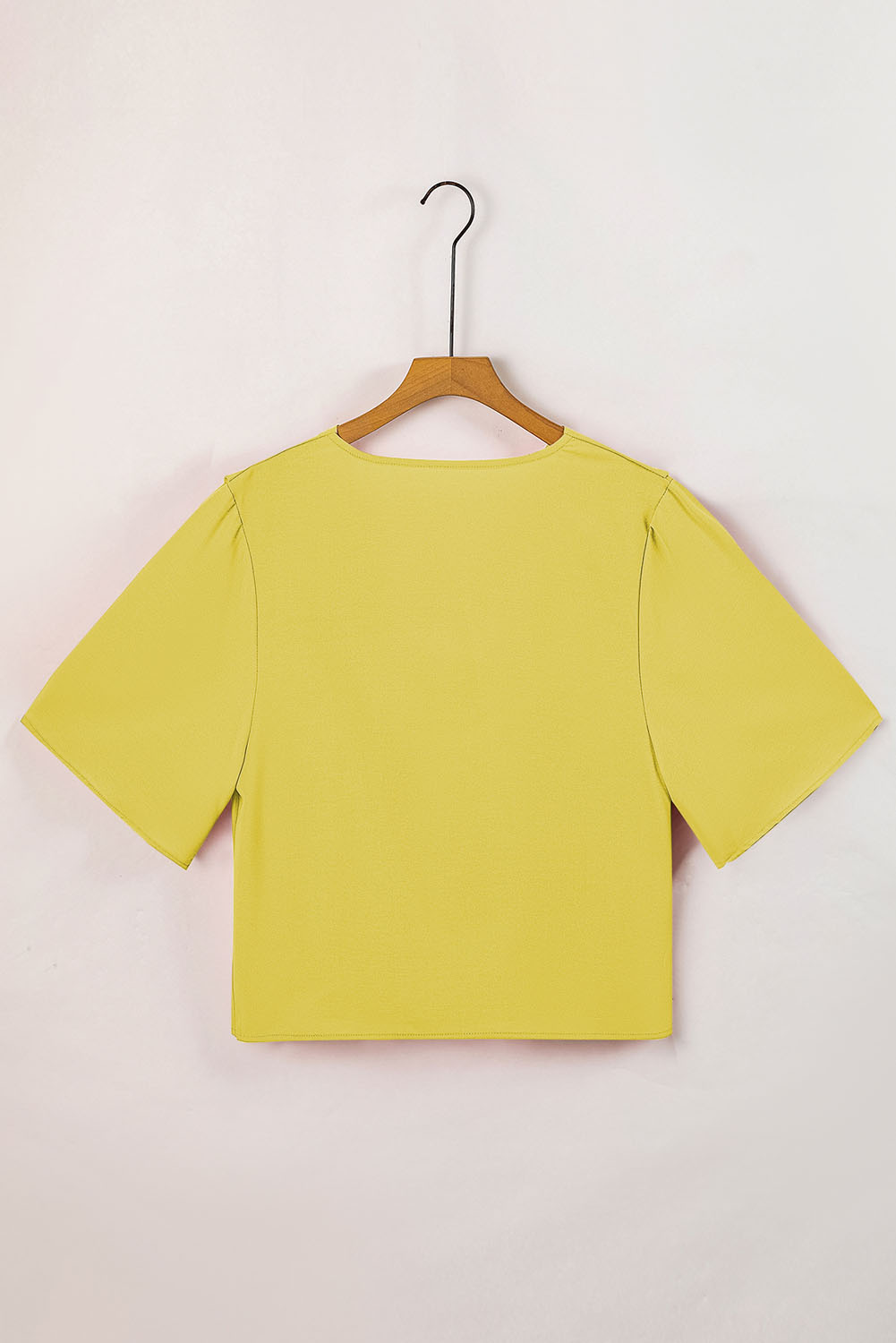 Modern Women's Draped V-Neck Blouse – Solid Yellow Summer Top - Detail View 12 Modern Women's Draped V-Neck Blouse – Solid Yellow Summer Top - Detail View 12