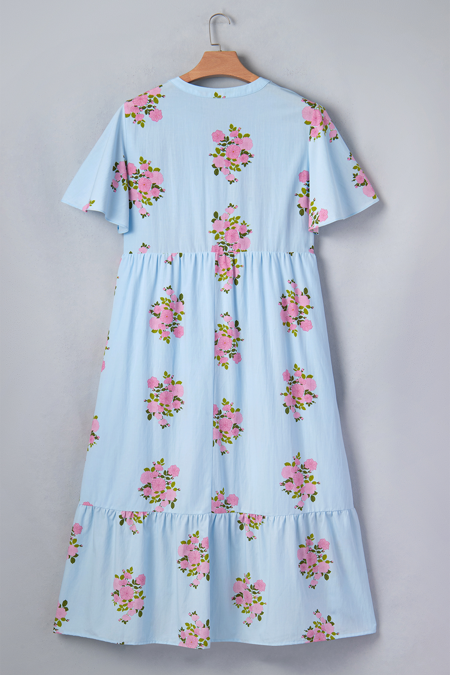Women's Southern Belle Floral Maxi Dress – Sky Blue V-Neck Short Sleeve Long Dress for Easter & Holidays - Detail View 12 Women's Southern Belle Floral Maxi Dress – Sky Blue V-Neck Short Sleeve Long Dress for Easter & Holidays - Detail View 12