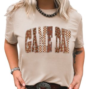 Women's Khaki GAME DAY Checkered Letter Graphic T-Shirt for Casual Style - Main View
