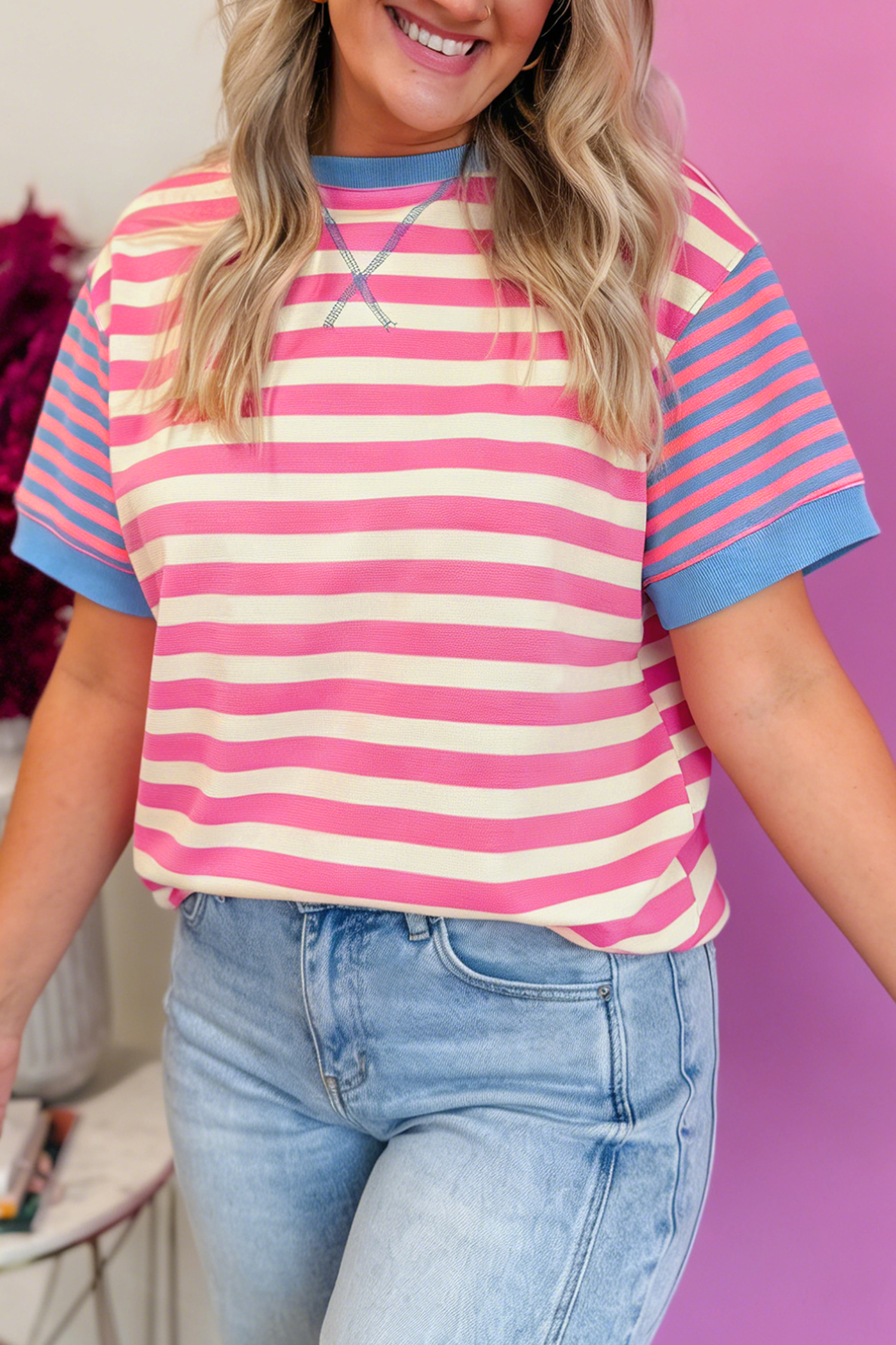Women's Casual Round Neck Striped Tee – Cute Summer Gift - Detail View 3 Women's Casual Round Neck Striped Tee – Cute Summer Gift - Detail View 3