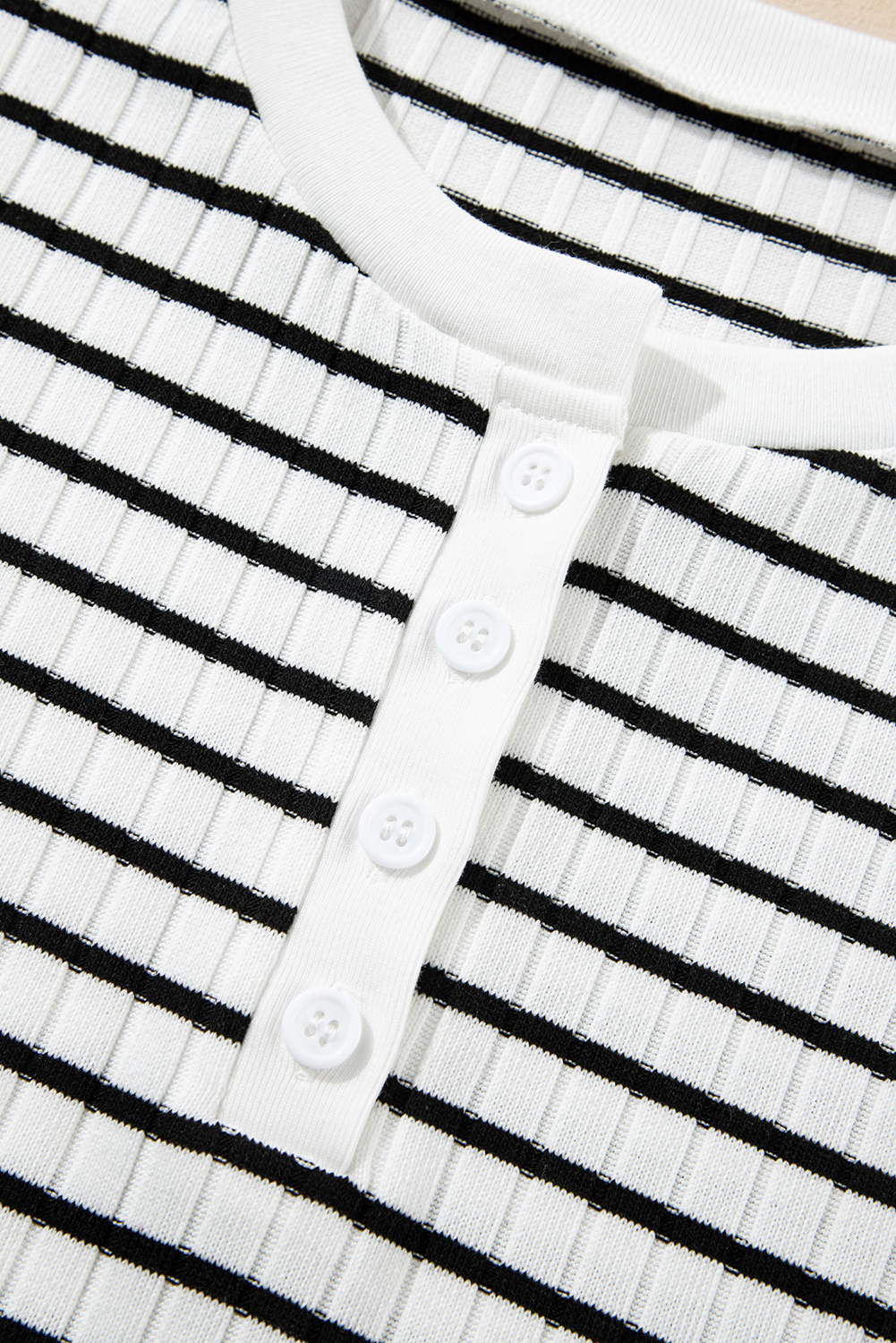 Modern White Stripe Casual Top with Buttoned Neckline - Perfect for Daily Wear - Detail View 15 Modern White Stripe Casual Top with Buttoned Neckline - Perfect for Daily Wear - Detail View 15