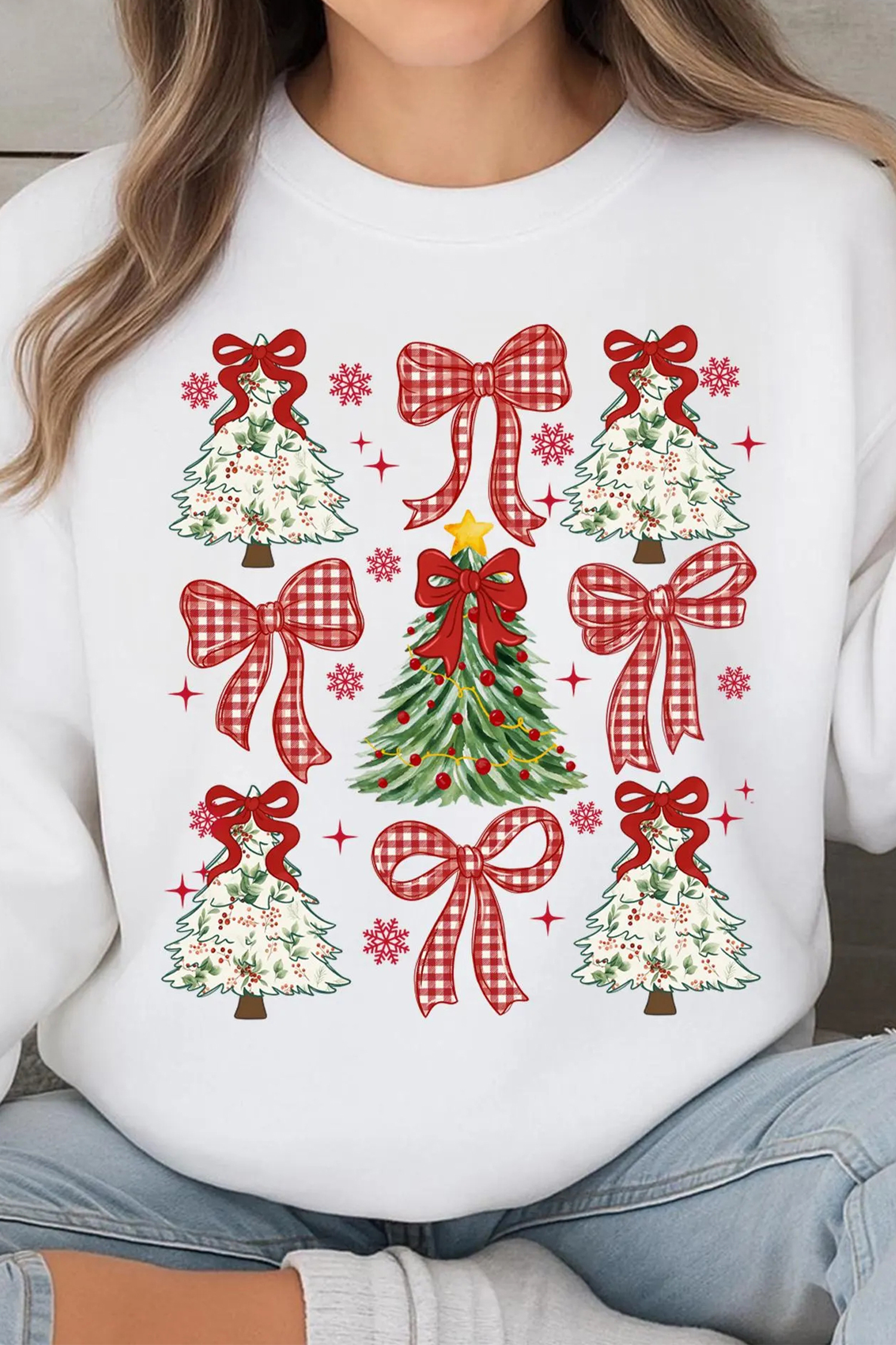 Women's White Bow-Printed Drop Shoulder Sweatshirt for Christmas - Detail View 7 Women's White Bow-Printed Drop Shoulder Sweatshirt for Christmas - Detail View 7