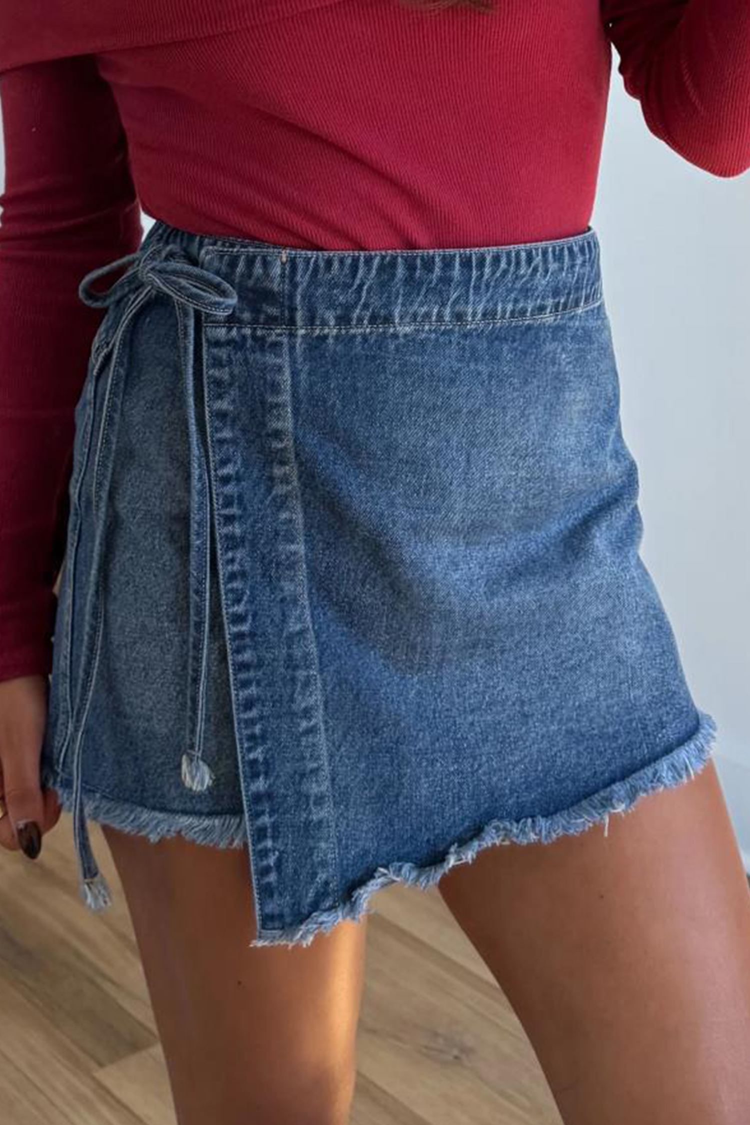 Casual Women's Denim Skort with Knot Detail – Ashleigh Blue High Waist Wrap Skirt for Daily Wear - Detail View 8 Casual Women's Denim Skort with Knot Detail – Ashleigh Blue High Waist Wrap Skirt for Daily Wear - Detail View 8