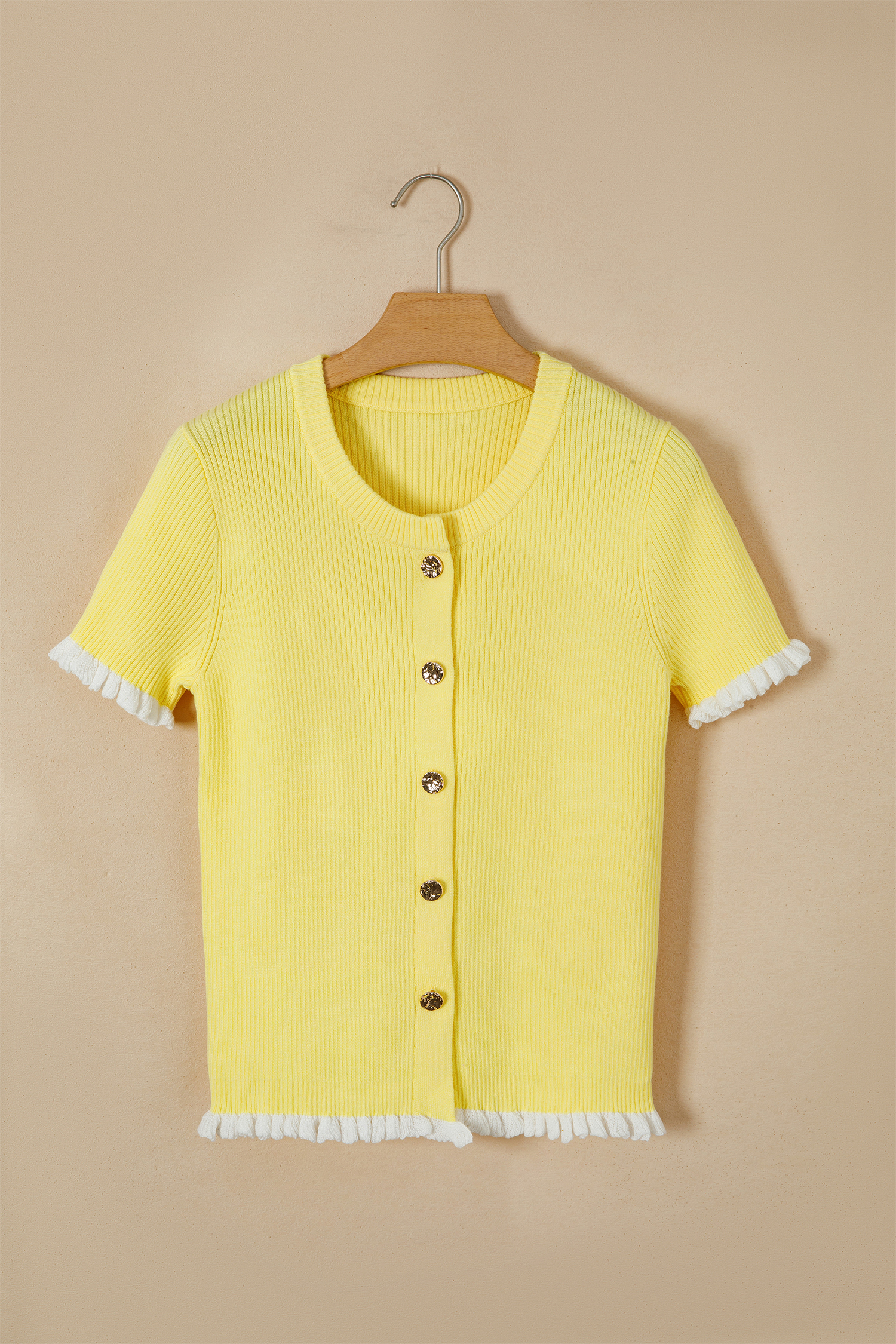 Elegant Women's Ruffle Hem Sweater – Short Sleeve Cardigan - Detail View 5 Elegant Women's Ruffle Hem Sweater – Short Sleeve Cardigan - Detail View 5