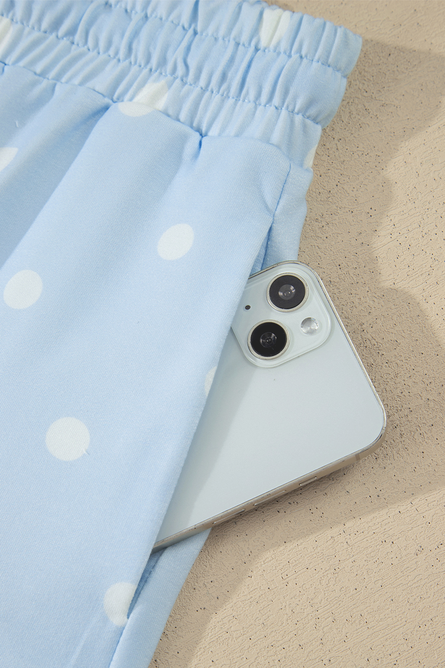 Women's Sky Blue Polka Dot Lounge Set – Exposed Seam Tee and Drawstring Shorts, Casual Daily Wear - Detail View 10 Women's Sky Blue Polka Dot Lounge Set – Exposed Seam Tee and Drawstring Shorts, Casual Daily Wear - Detail View 10