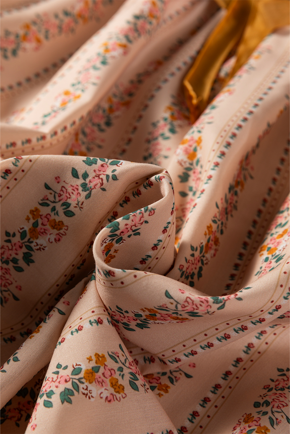 Women's Khaki Floral Long Sleeve Mini Dress with Velvet Bow - Detail View 10 Women's Khaki Floral Long Sleeve Mini Dress with Velvet Bow - Detail View 10