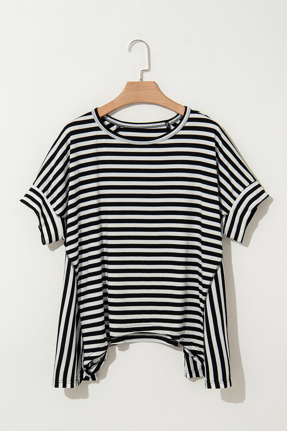 Stylish Batwing Sleeve Shirt: Relaxed Fit Black Stripe Crewneck Top for Women - Detail View 6 Stylish Batwing Sleeve Shirt: Relaxed Fit Black Stripe Crewneck Top for Women - Detail View 6