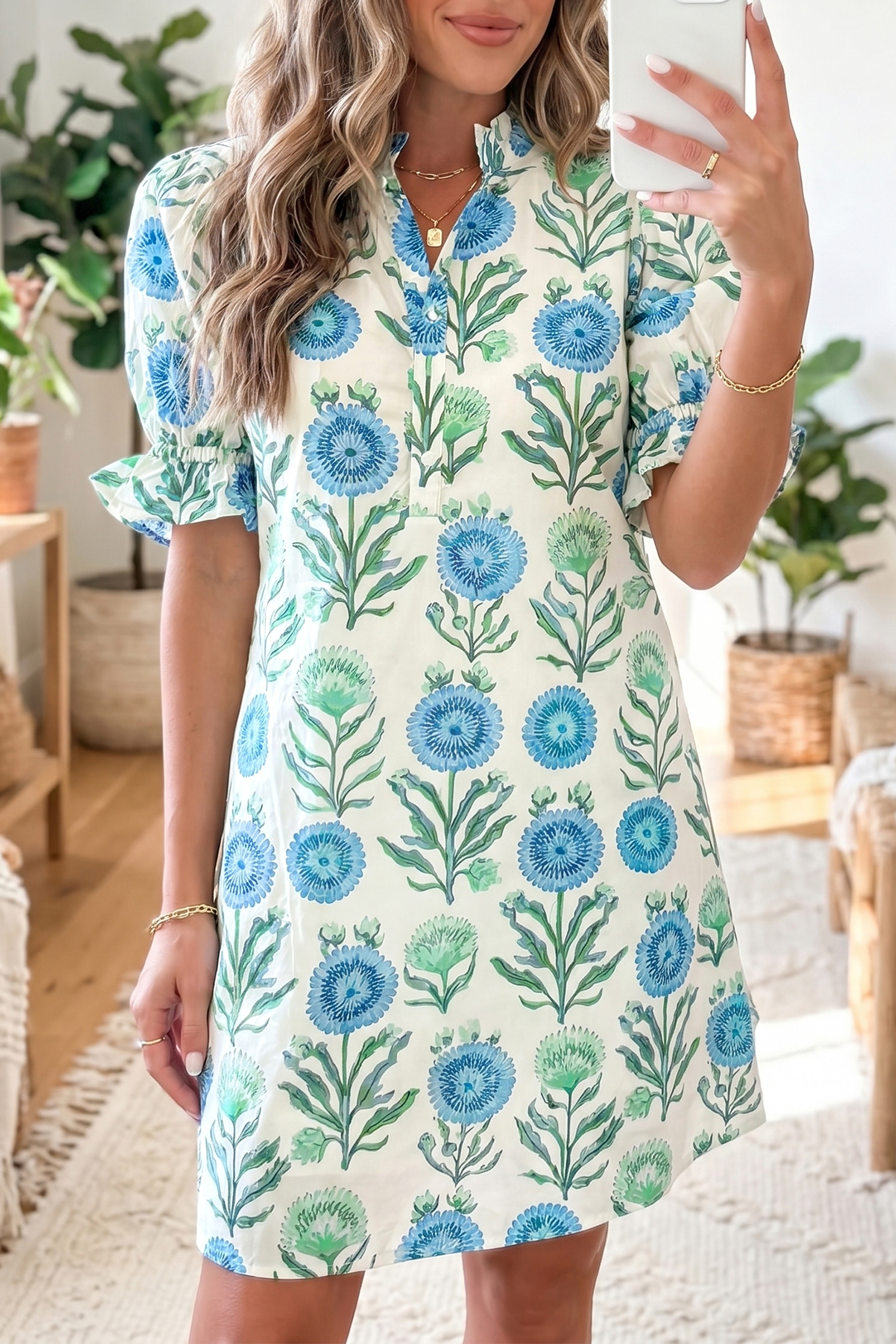 Women's Casual Floral Mini Dress – Puff Sleeve Summer Outfit - Detail View 3 Women's Casual Floral Mini Dress – Puff Sleeve Summer Outfit - Detail View 3