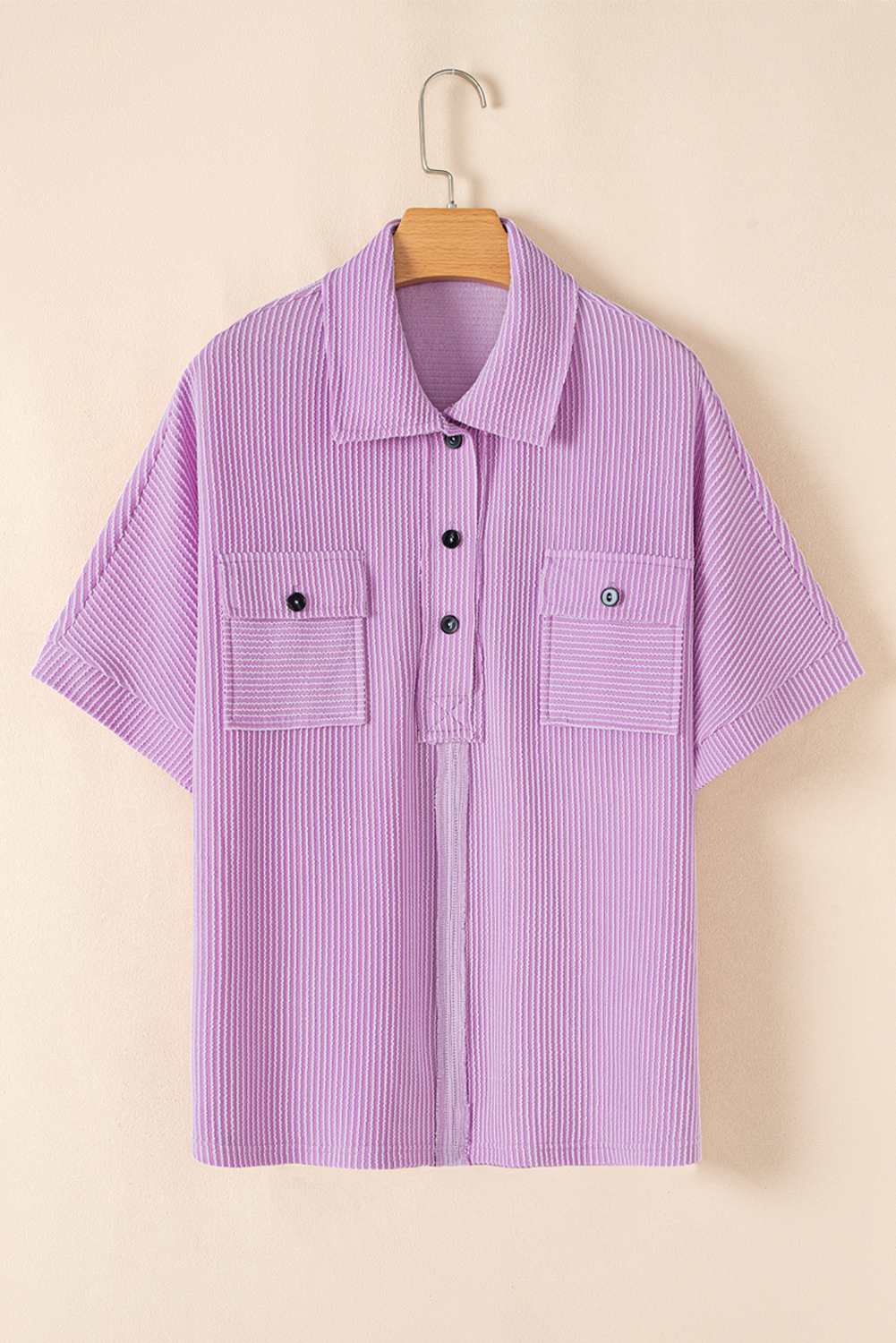 Women's Blouse, Orchid Bouquet, Corded Fabric, Short Sleeve, Collared Neckline, Buttoned Front, Casual Style, Daily Wear, Solid Color, Flap Pockets, Comfortable Fit, Summer Fashion, Easy to Wear, Tops & Shirts - Detail View 4 Women's Blouse, Orchid Bouquet, Corded Fabric, Short Sleeve, Collared Neckline, Buttoned Front, Casual Style, Daily Wear, Solid Color, Flap Pockets, Comfortable Fit, Summer Fashion, Easy to Wear, Tops & Shirts - Detail View 4