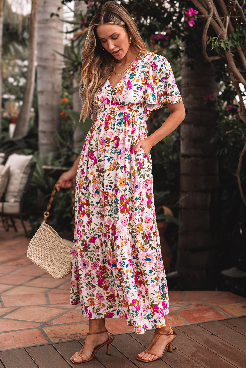 Women's Maxi Dress, Red Floral Dress, Short Sleeve, V Neck, High Waist, A-Line Silhouette, Summer Fashion, Elegant Dress, Feminine Style, Trendy Outfit, Vacation Wear, Wedding Guest Dress - Detail View 4 Women's Maxi Dress, Red Floral Dress, Short Sleeve, V Neck, High Waist, A-Line Silhouette, Summer Fashion, Elegant Dress, Feminine Style, Trendy Outfit, Vacation Wear, Wedding Guest Dress - Detail View 4