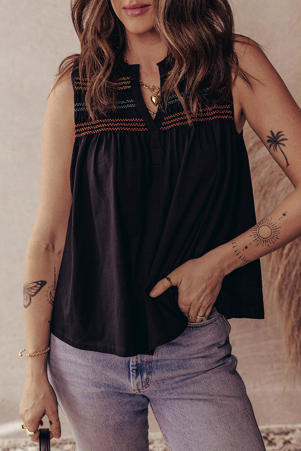 Flowy Fit Casual Women's Tank Top - Stylish Black with Shirred Yoke Design - Detail View 3 Flowy Fit Casual Women's Tank Top - Stylish Black with Shirred Yoke Design - Detail View 3