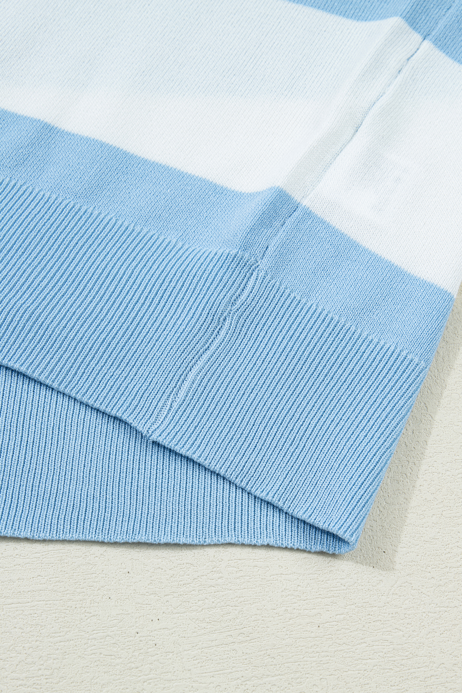 Sky Blue Stripe Colorblock Knitted T-Shirt for Women – Casual Summer Essential - Detail View 7 Sky Blue Stripe Colorblock Knitted T-Shirt for Women – Casual Summer Essential - Detail View 7