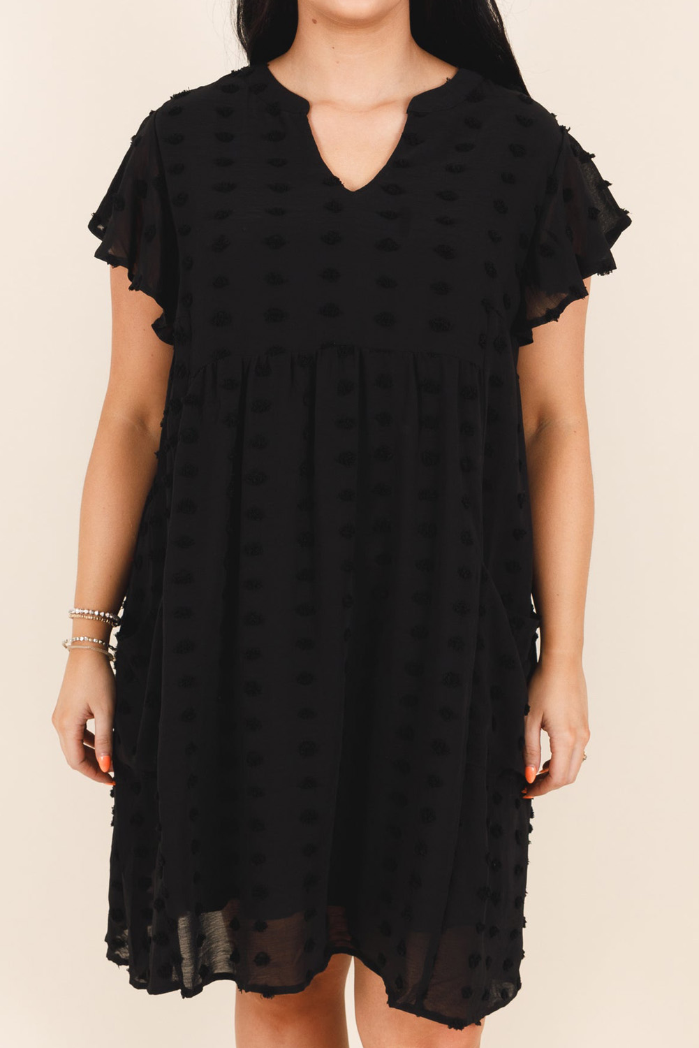 Elegant Black Plus Size Dress with Notched V Neck and Playful Ruffles for Special Occasions - Detail View 3 Elegant Black Plus Size Dress with Notched V Neck and Playful Ruffles for Special Occasions - Detail View 3