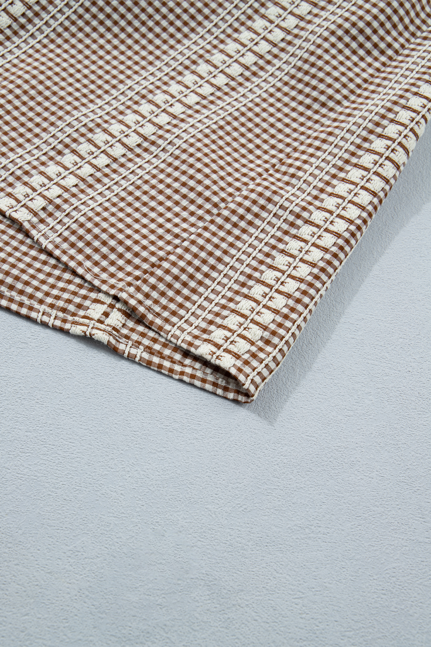 Women's Western Gingham Blouse – Embroidered Pony Yoke V-Neck Top with Puff Sleeves, Brown Plaid Casual Shirt - Detail View 10 Women's Western Gingham Blouse – Embroidered Pony Yoke V-Neck Top with Puff Sleeves, Brown Plaid Casual Shirt - Detail View 10