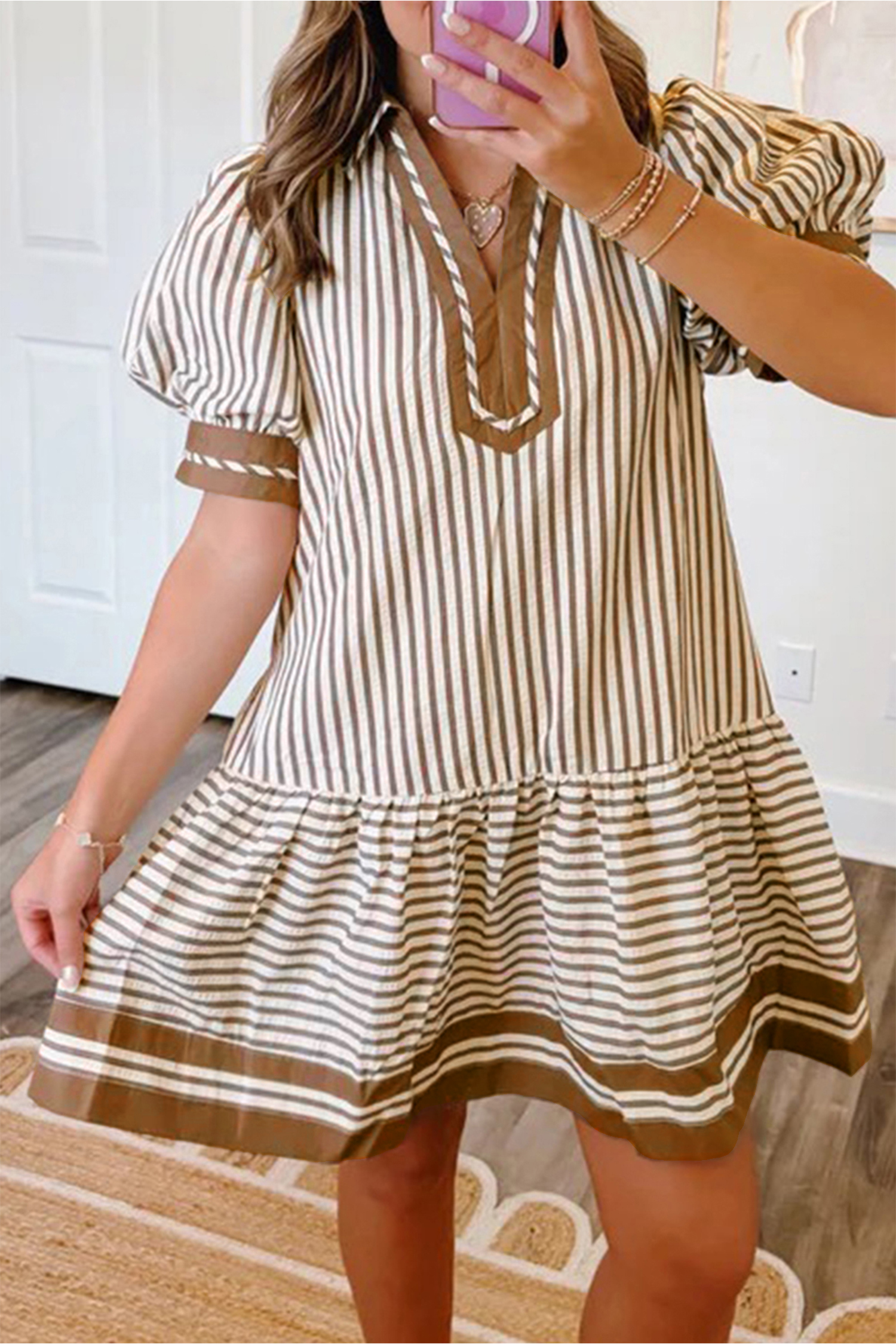 Women's Striped V Neck Collar Dress – Summer Casual Shift - Detail View 14 Women's Striped V Neck Collar Dress – Summer Casual Shift - Detail View 14