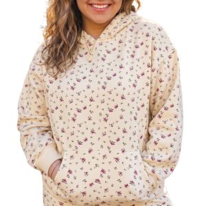 Women's Floral Hoodie Set, Beige Casual Long Sleeve Lounge - Main View