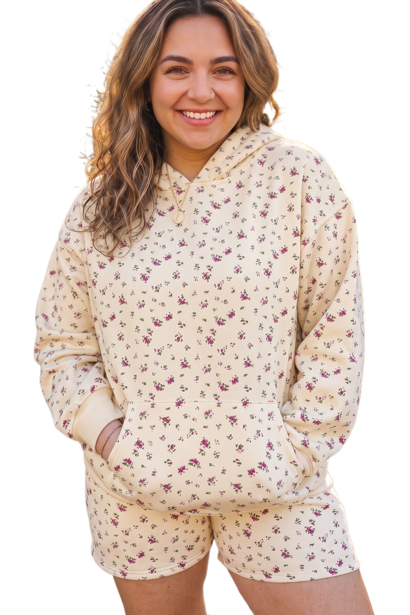 Women's Floral Hoodie Set, Beige Casual Long Sleeve Lounge - Main View Women's Floral Hoodie Set, Beige Casual Long Sleeve Lounge - Main View