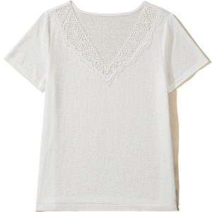 Women's White Lace V-Neck T-Shirt – Casual Short Sleeve Patchwork Top for Daily Wear - Main View