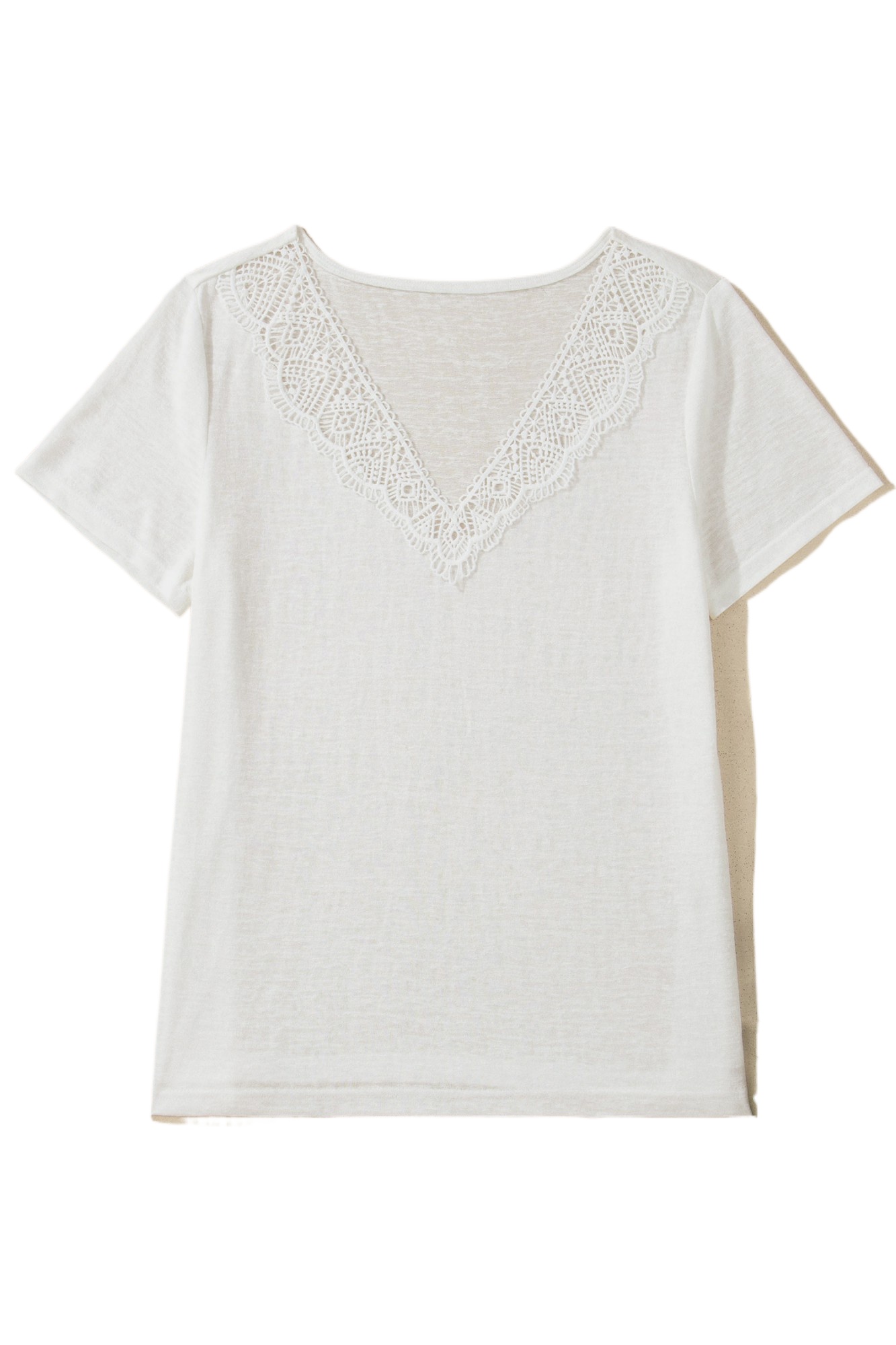 Women's White Lace V-Neck T-Shirt – Casual Short Sleeve Patchwork Top for Daily Wear - Main View Women's White Lace V-Neck T-Shirt – Casual Short Sleeve Patchwork Top for Daily Wear - Main View