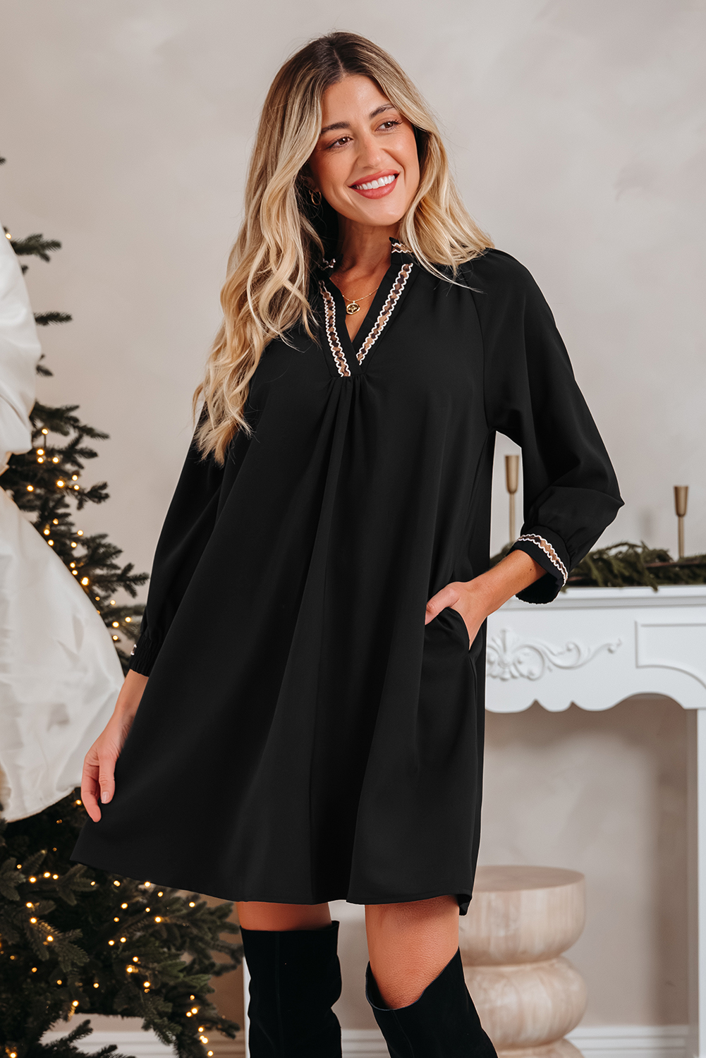 Southern Belle Black Mini Dress: Contrast Trim Bracelet Sleeve Style for Fall - Detail View 5 Southern Belle Black Mini Dress: Contrast Trim Bracelet Sleeve Style for Fall - Detail View 5
