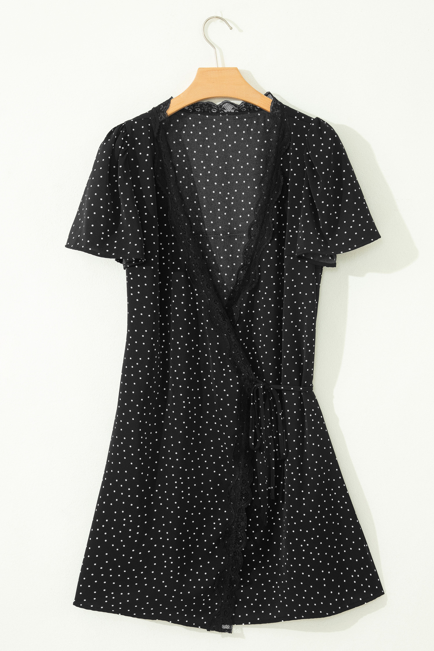 Women's Short Sleeve Polka Dot Print Dress – Elegant Lace Detail Wrap Mini Dress, Stylish Gift for Her - Detail View 6 Women's Short Sleeve Polka Dot Print Dress – Elegant Lace Detail Wrap Mini Dress, Stylish Gift for Her - Detail View 6