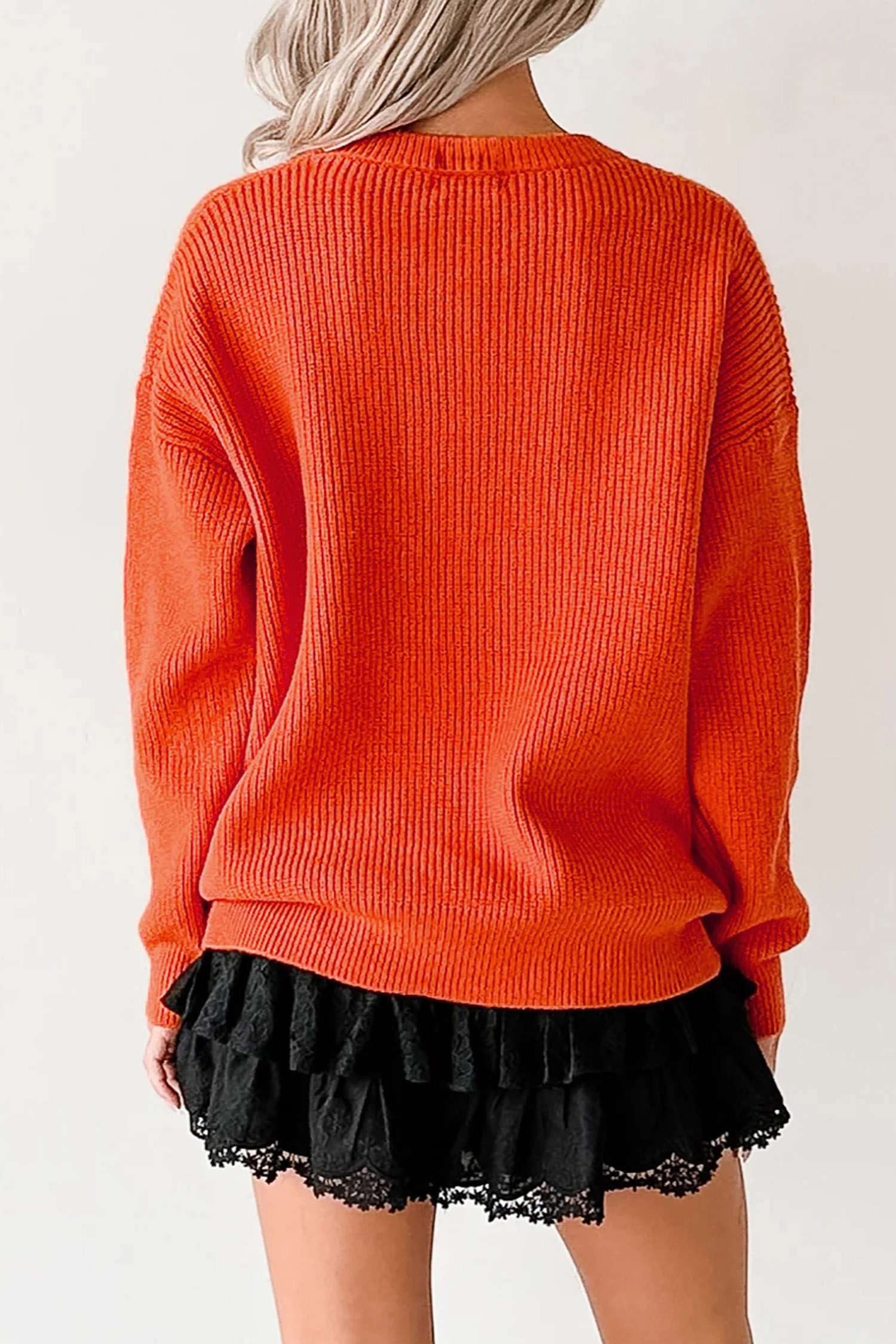 Festive Pumpkin Graphic Sweater, Casual Orange Fall Pullover - Detail View 2 Festive Pumpkin Graphic Sweater, Casual Orange Fall Pullover - Detail View 2