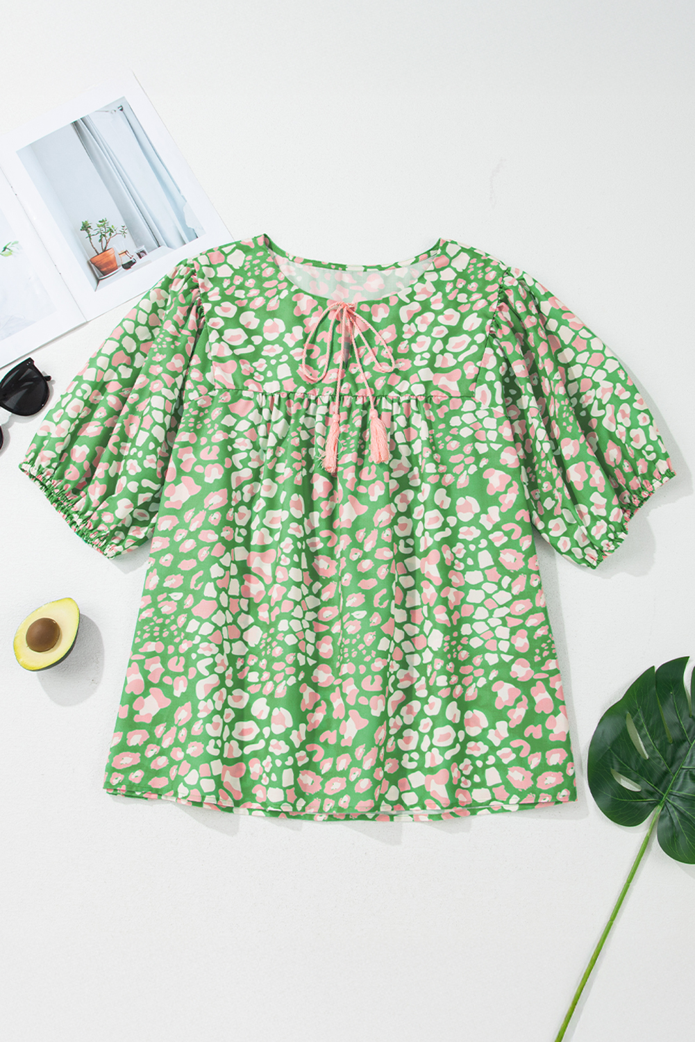 Plus Size Blouse, Green Floral, Tassel Tie, Split Neck, Puff Sleeves, Casual Wear, Daily Outfit, Feminine Style, Versatile Top, Summer Fashion, Comfortable Fit, Polyester Material, Tops & Shirts - Detail View 4 Plus Size Blouse, Green Floral, Tassel Tie, Split Neck, Puff Sleeves, Casual Wear, Daily Outfit, Feminine Style, Versatile Top, Summer Fashion, Comfortable Fit, Polyester Material, Tops & Shirts - Detail View 4